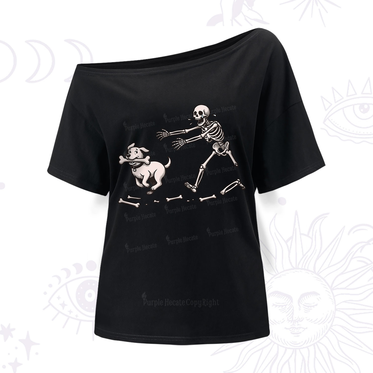Purplehecate Halloween Skeleton Chasing Dog One Shoulder T-Shirt
