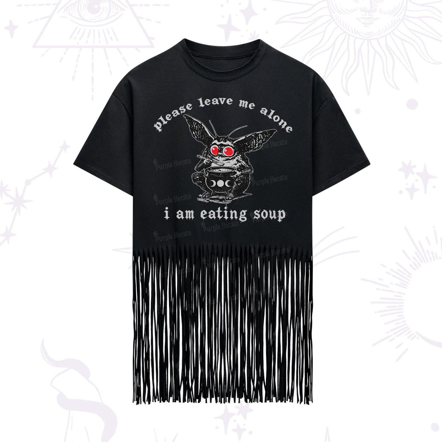 Purplehecate Mothman Eating Soup Fringe Hem T-Shirt