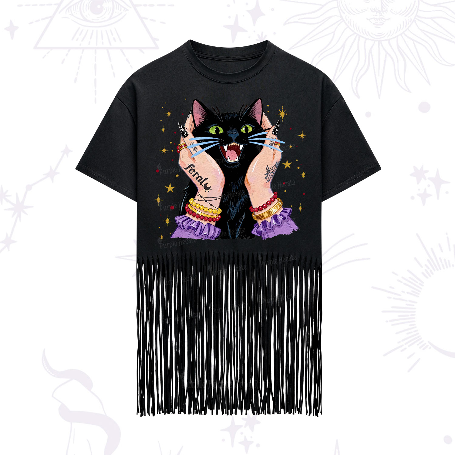Purplehecate Feral Cat Magic Fringe Hem T-Shirt