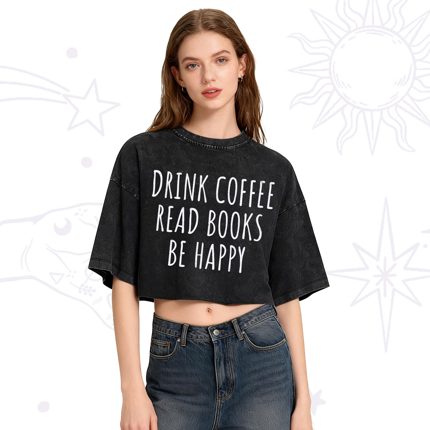 Purplehecate Drink Coffee Read Books Be Happy Washed Cropped T-Shirt