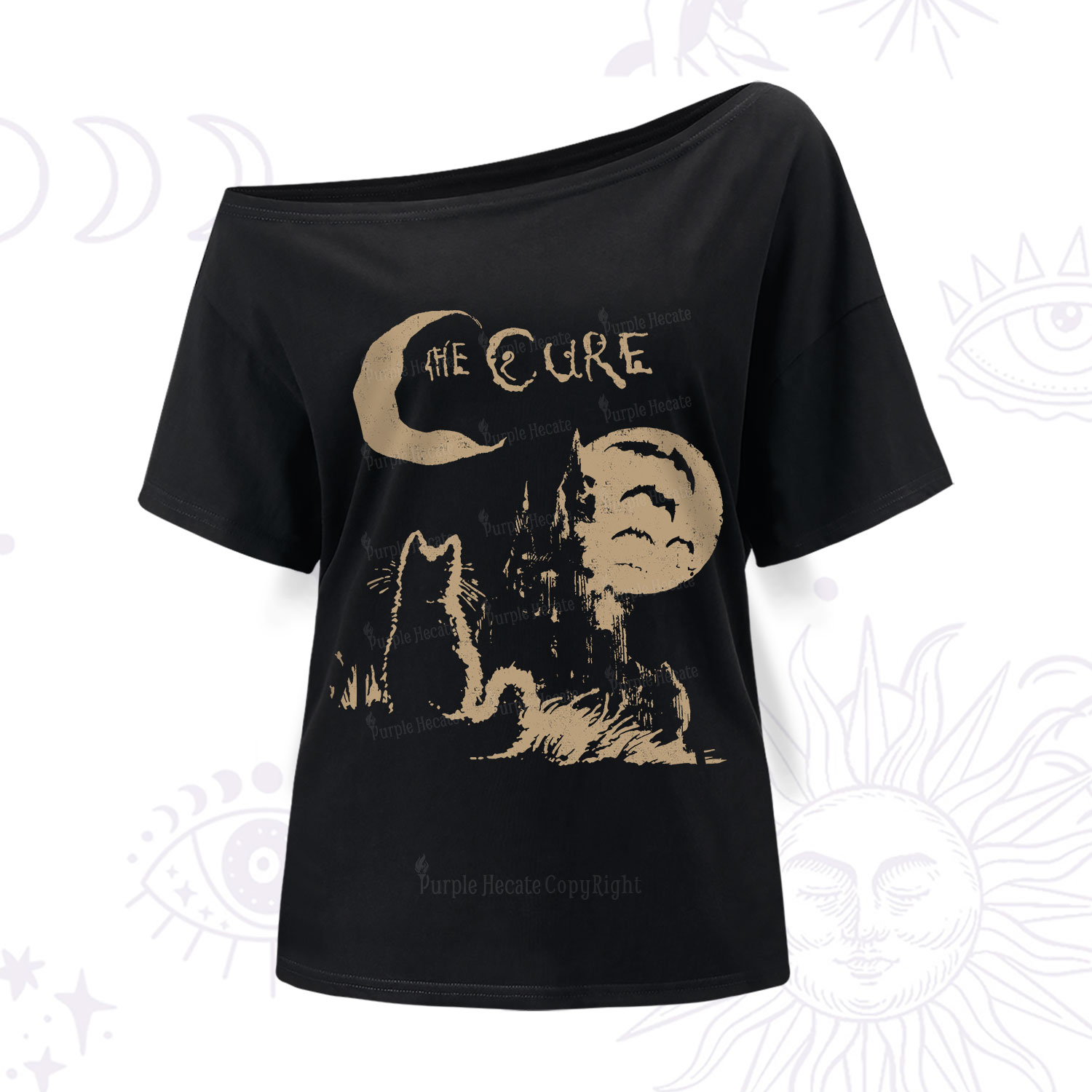 Purplehecate Goth Moon Cat Post-Punk One Shoulder T-Shirt