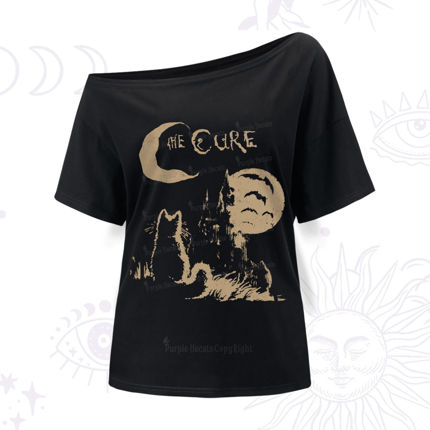 Purplehecate Goth Moon Cat Post-Punk One Shoulder T-Shir