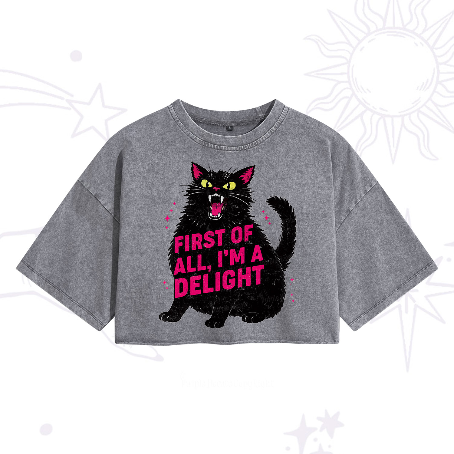 Purplehecate First Of All I'm A Delight Cat Washed Cropped T-Shirt