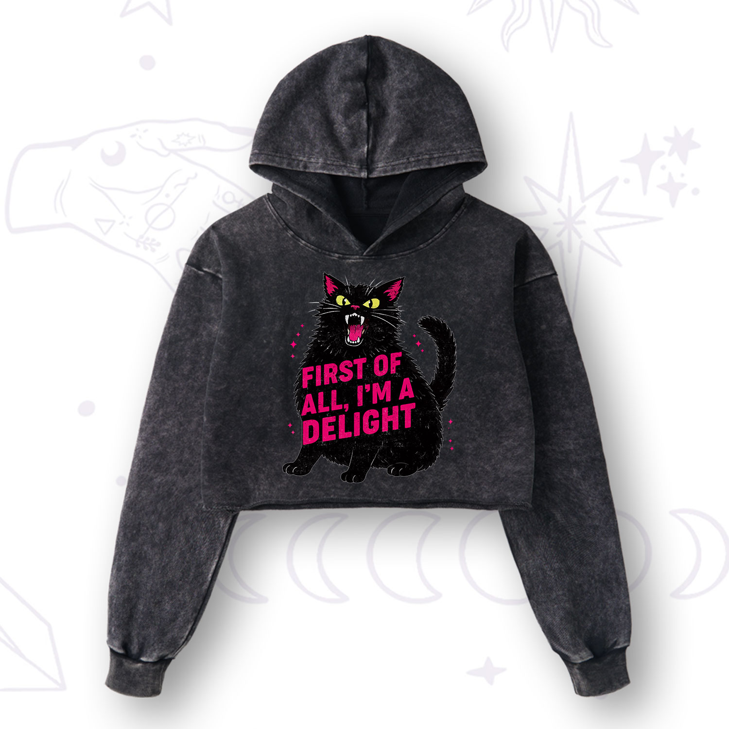 Purplehecate First Of All I'm A Delight Cat Washed Cropped Hoodie