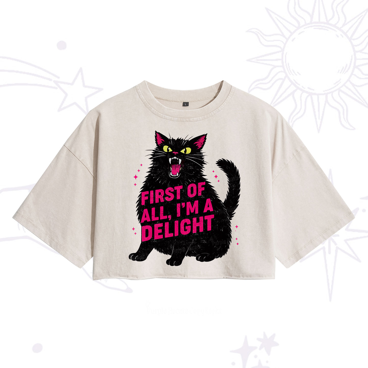 Purplehecate First Of All I'm A Delight Cat Washed Cropped T-Shirt