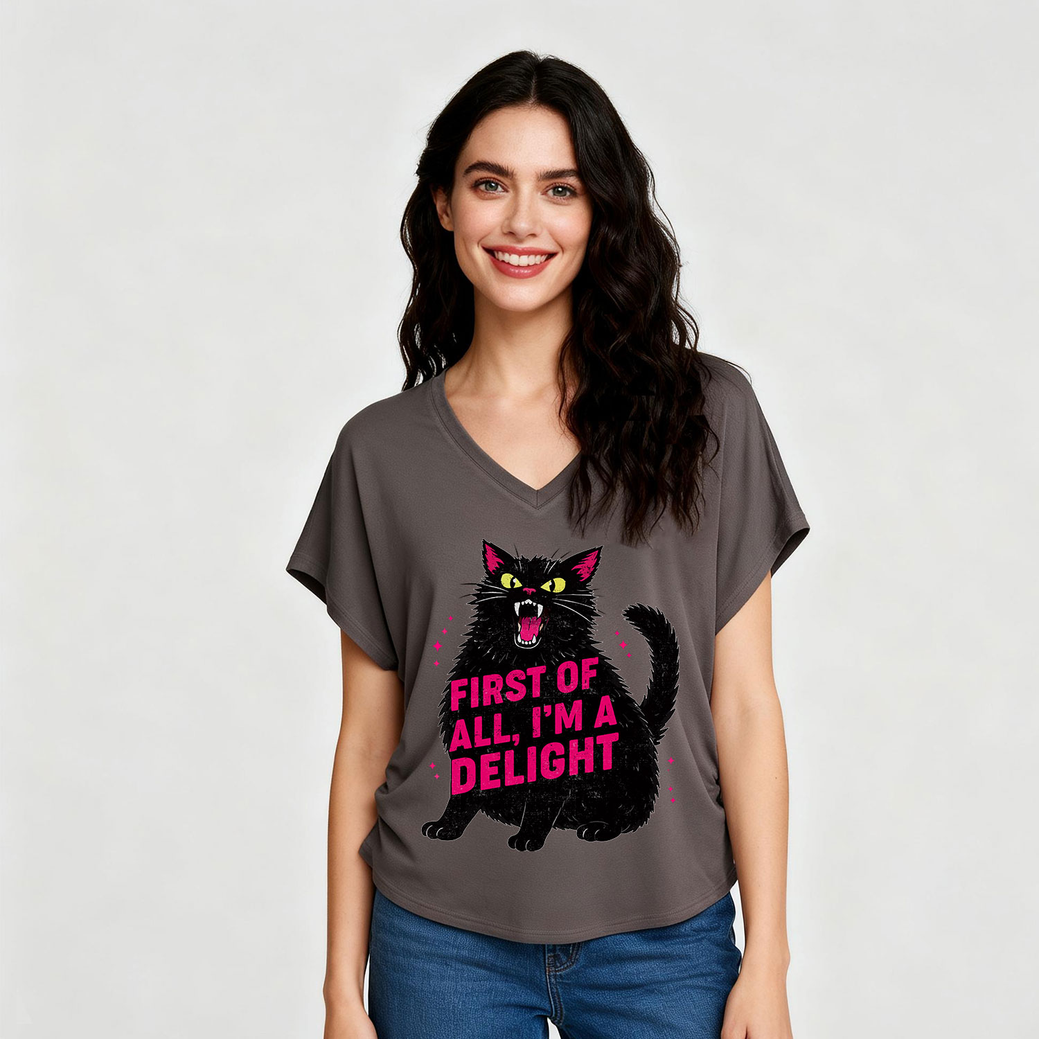 Purplehecate First Of All I'm A Delight Cat V-Neck T-Shirt