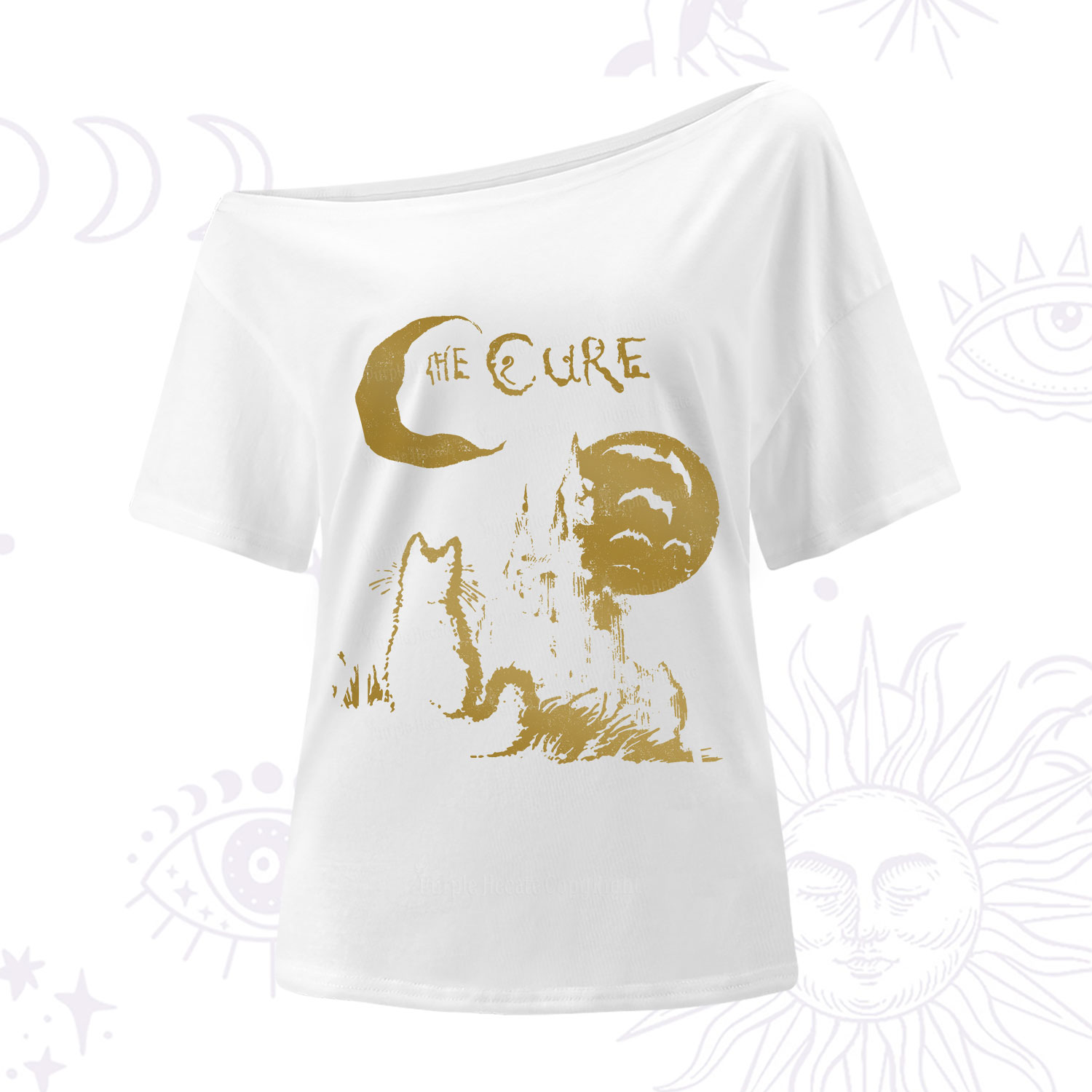 Purplehecate Goth Moon Cat Post-Punk One Shoulder T-Shirt