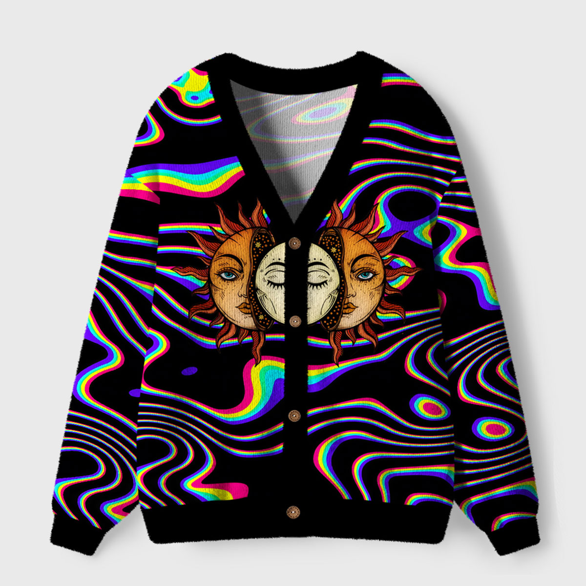 Purplehecate Psychedelic Sun and Moon Ugly Cardigan Sweaters