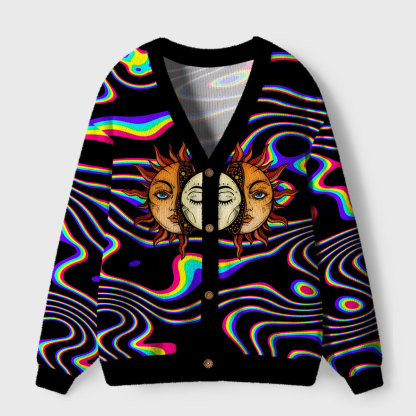 Purplehecate Psychedelic Sun and Moon Ugly Cardigan Sweaters