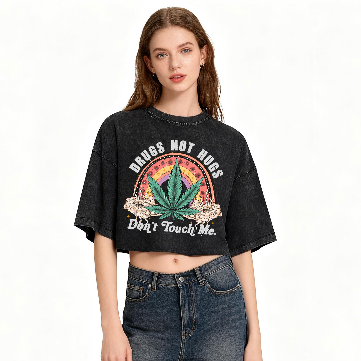 Purplehecate Drugs Not Hugs Washed Cropped T-Shirt