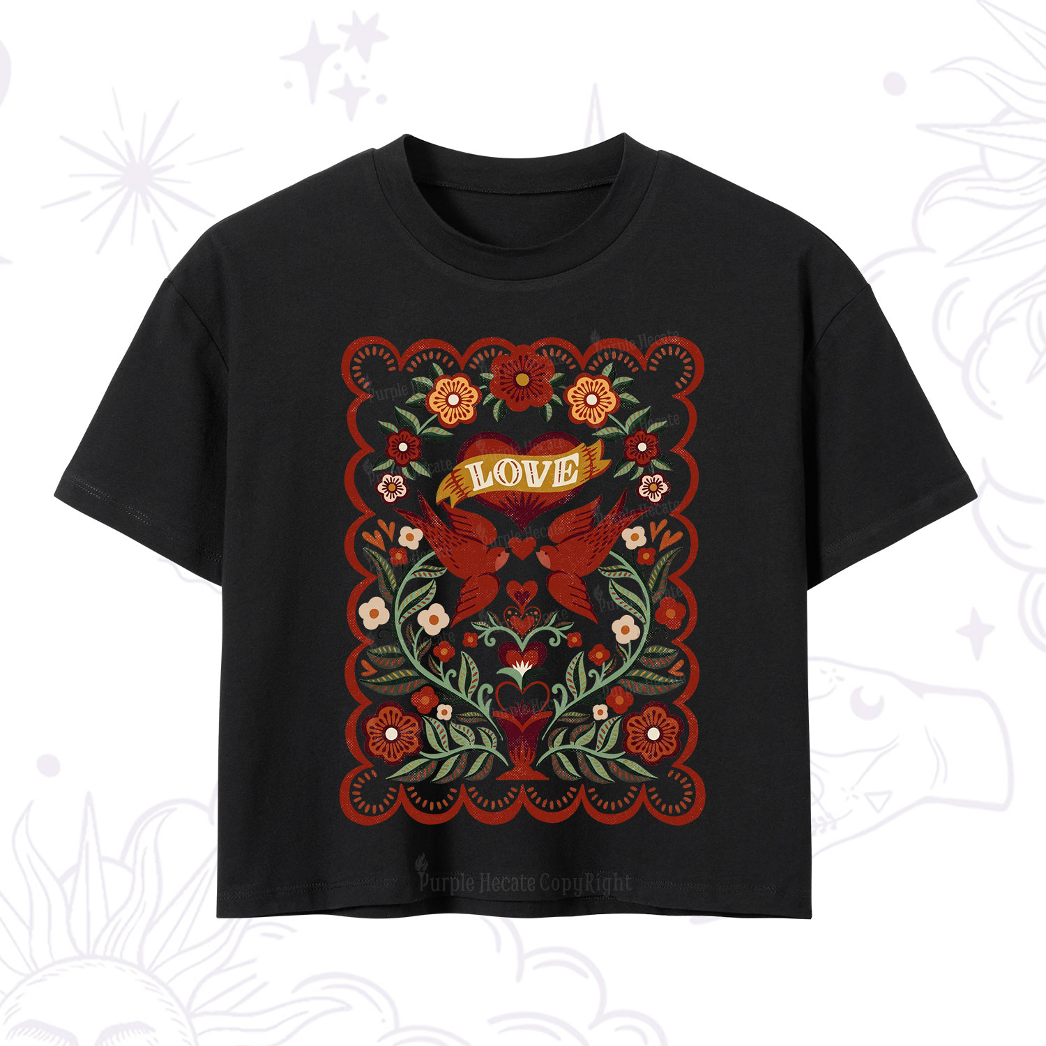 Purplehecate Folk Love Birds Floral Crop T-Shirt