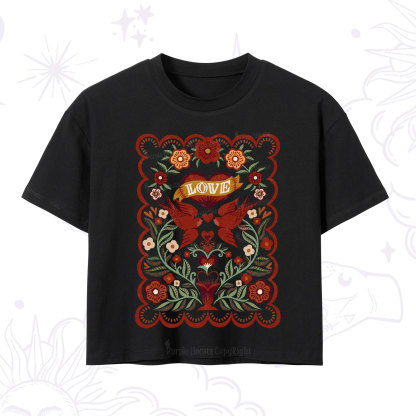 Purplehecate Folk Love Birds Floral Crop T-Shirt