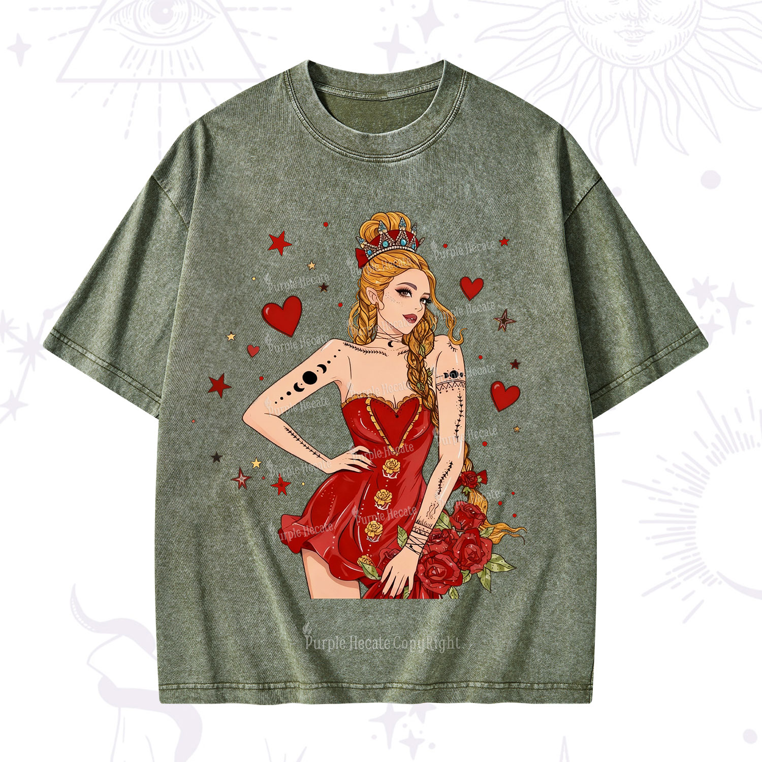 Purplehecate Eternal Bloom Heart Queen Valentine Washed T-Shirt