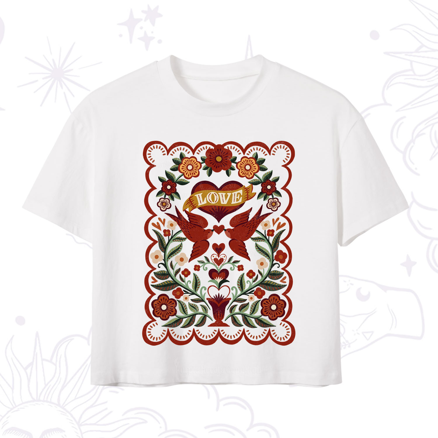Purplehecate Folk Love Birds Floral Crop T-Shirt