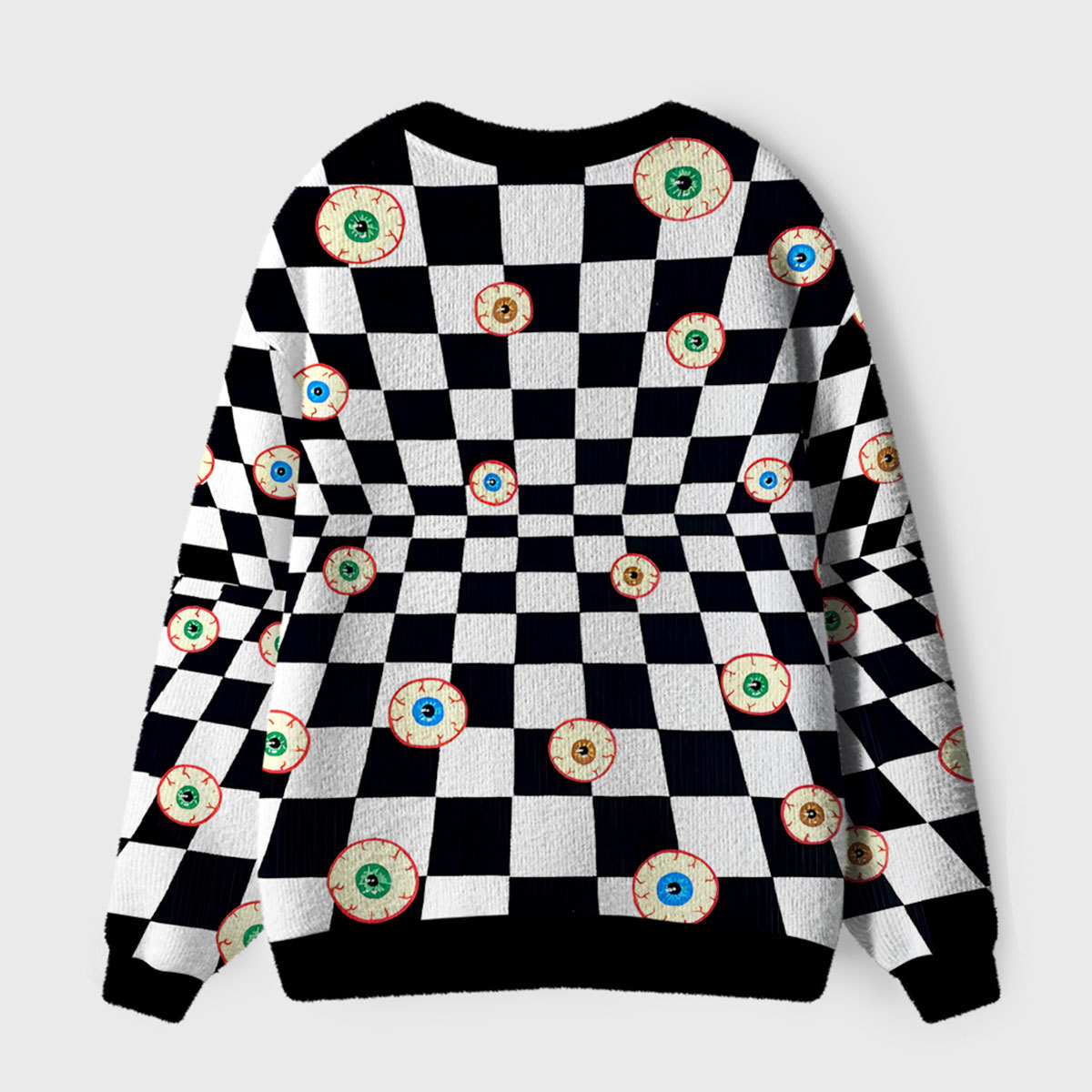 Purplehecate Trippy Checkerboard and Eyeball Pattern Ugly Cardigan Sweaters