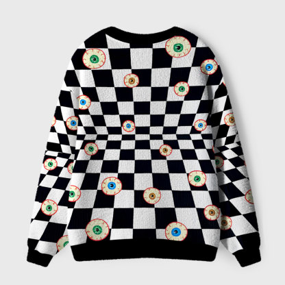 Purplehecate Trippy Checkerboard and Eyeball Pattern Ugly Cardigan Sweaters