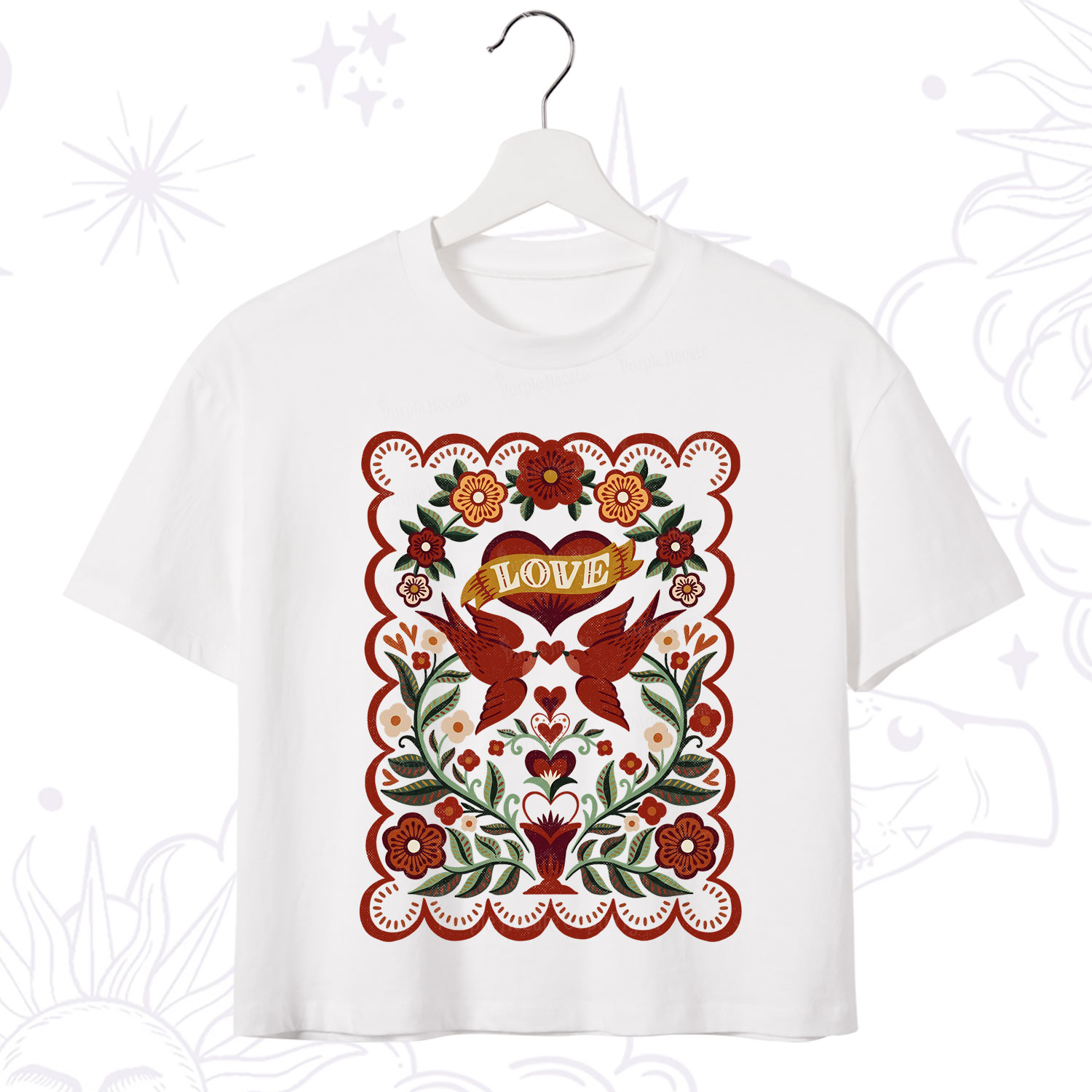 Purplehecate Folk Love Birds Floral Crop T-Shirt