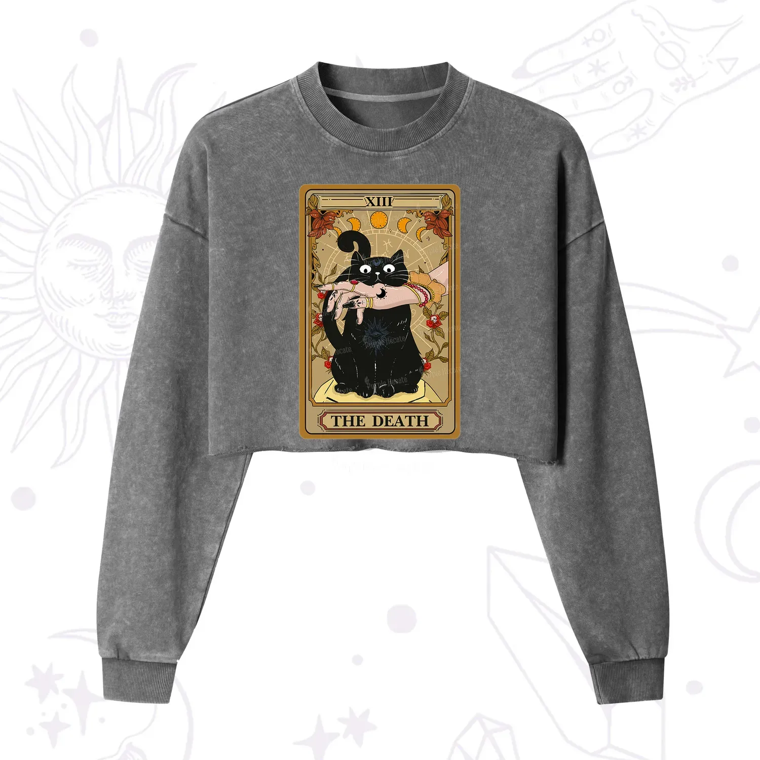 Purplehecate The Death Tarot Black Cat Cropped Washed Sweatshirt