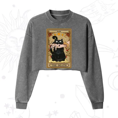 Purplehecate The Death Tarot Black Cat Cropped Washed Sweatshirt