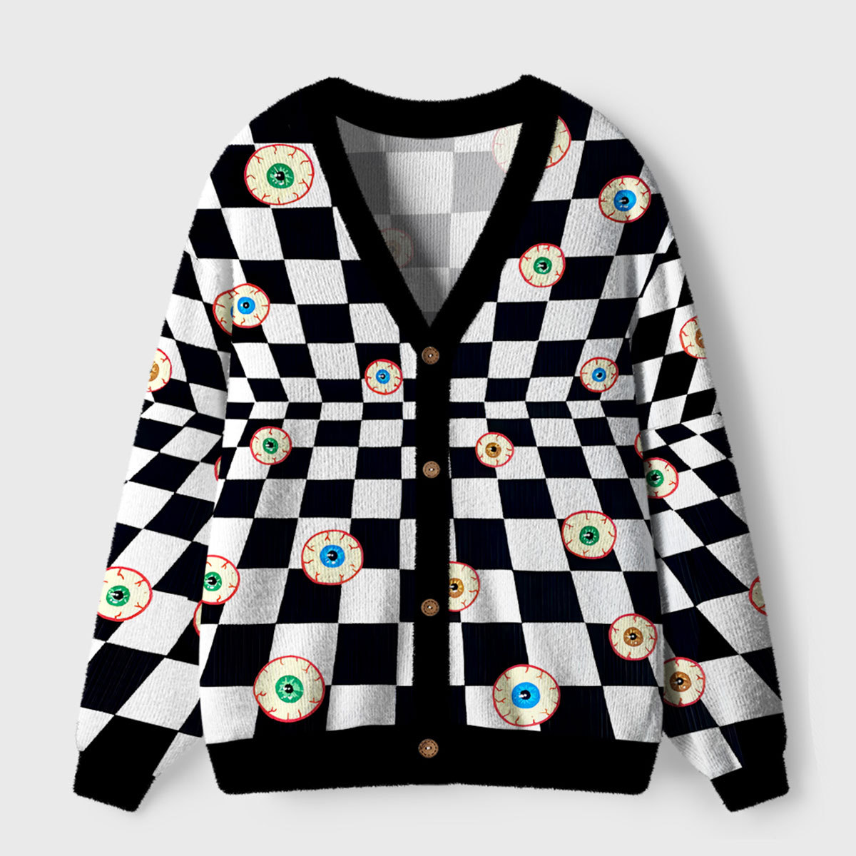 Purplehecate Trippy Checkerboard and Eyeball Pattern Ugly Cardigan Sweaters