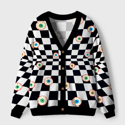 Purplehecate Trippy Checkerboard and Eyeball Pattern Ugly Cardigan Sweaters
