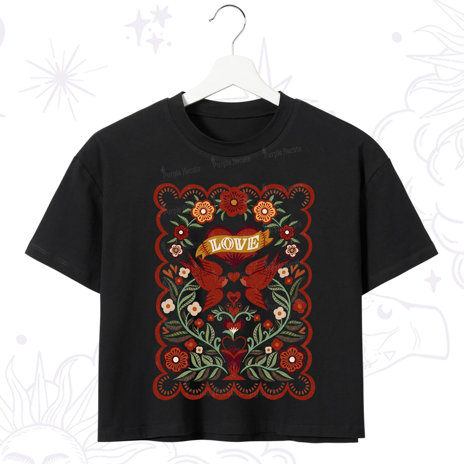 Purplehecate Folk Love Birds Floral Crop T-Shirt