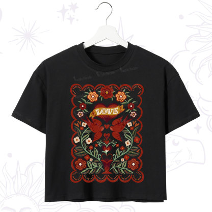 Purplehecate Folk Love Birds Floral Crop T-Shirt
