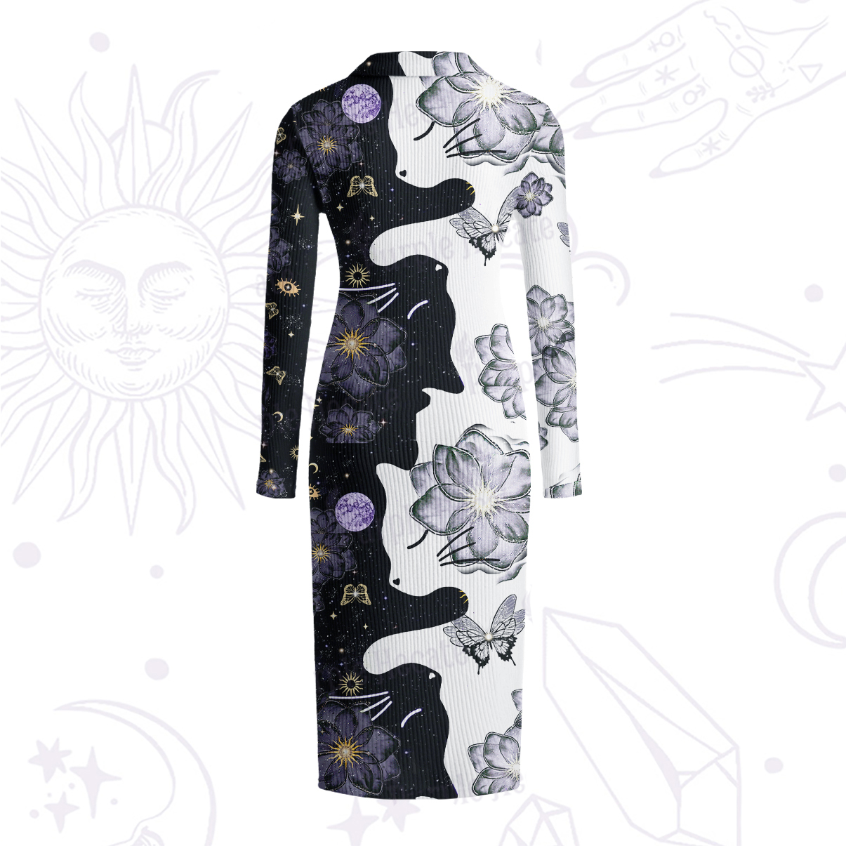 Purplehecate Starlit Cats & Butterflies Ribbed Knit Dress