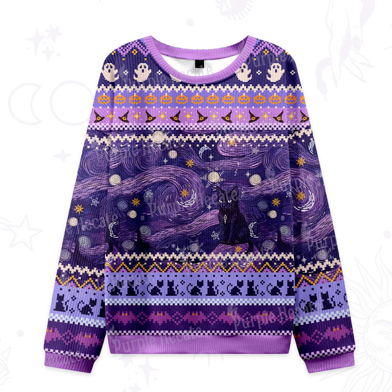 Purplehecate Mystic Cat Beneath the Cosmic Veil Ugly Halloween Sweatshirts