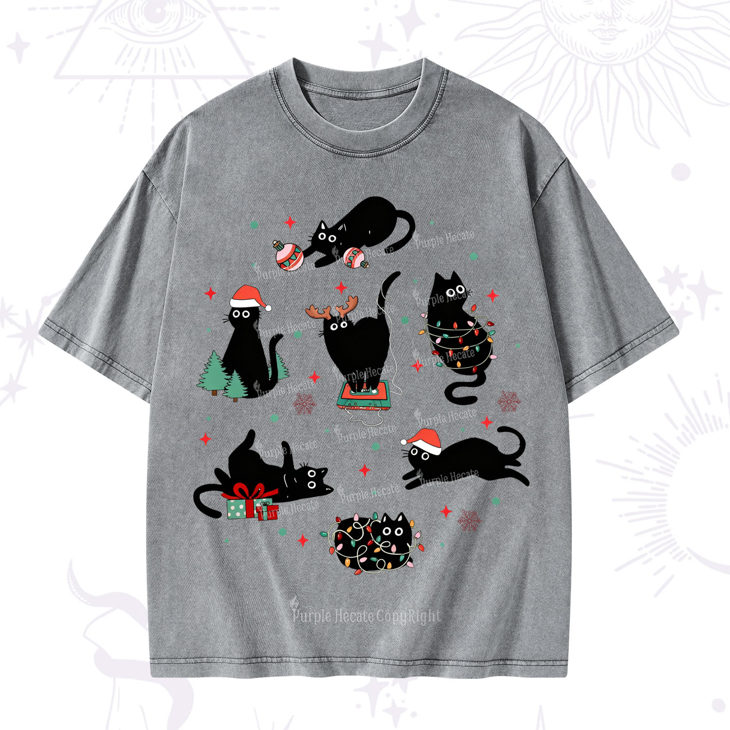 Purplehecate Christmas Cat Mom Holiday Washed T-Shirt