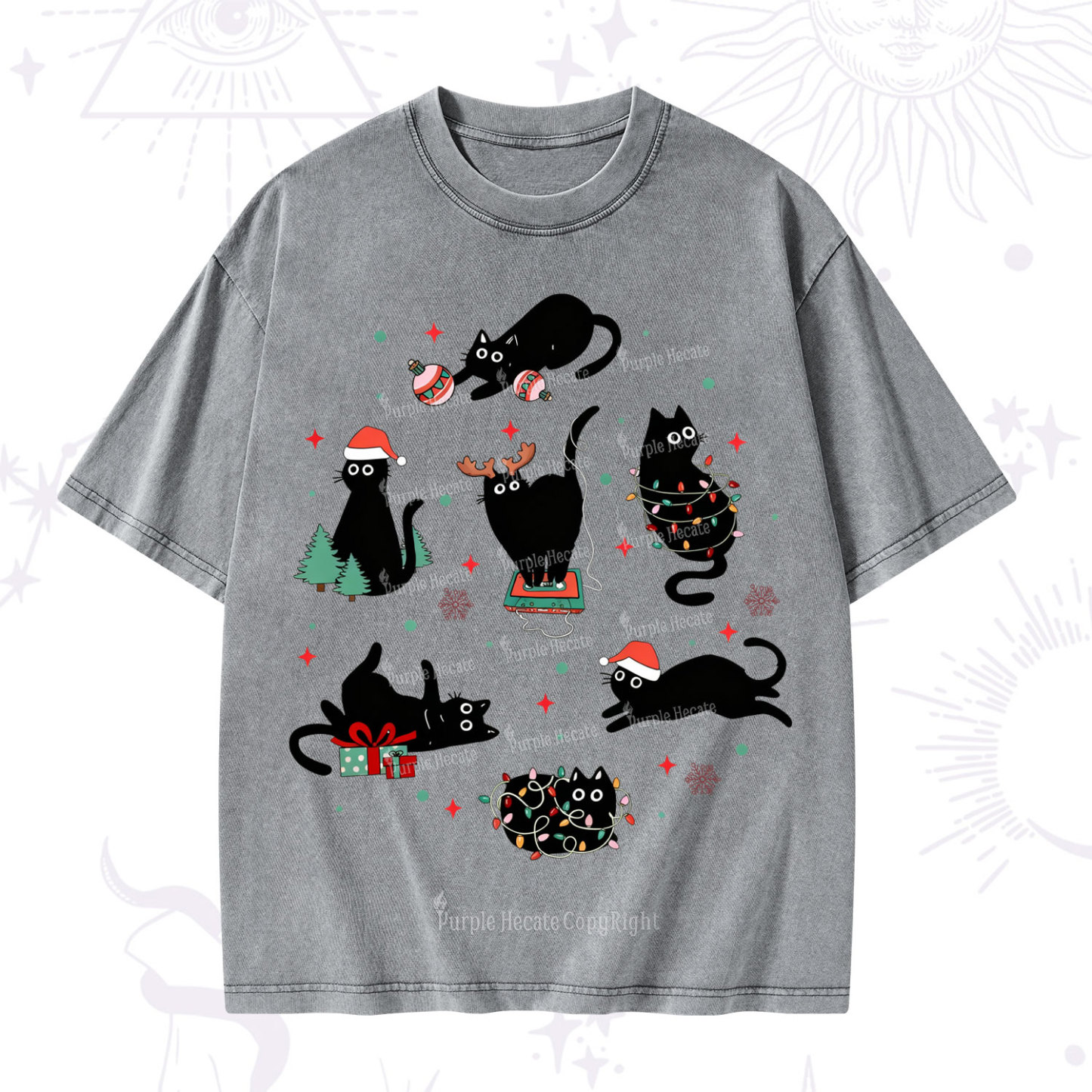Purplehecate Christmas Cat Mom Holiday Washed T-Shirt