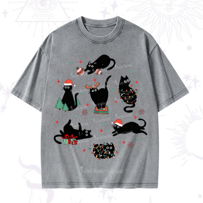 Purplehecate Christmas Cat Mom Holiday Washed T-Shirt