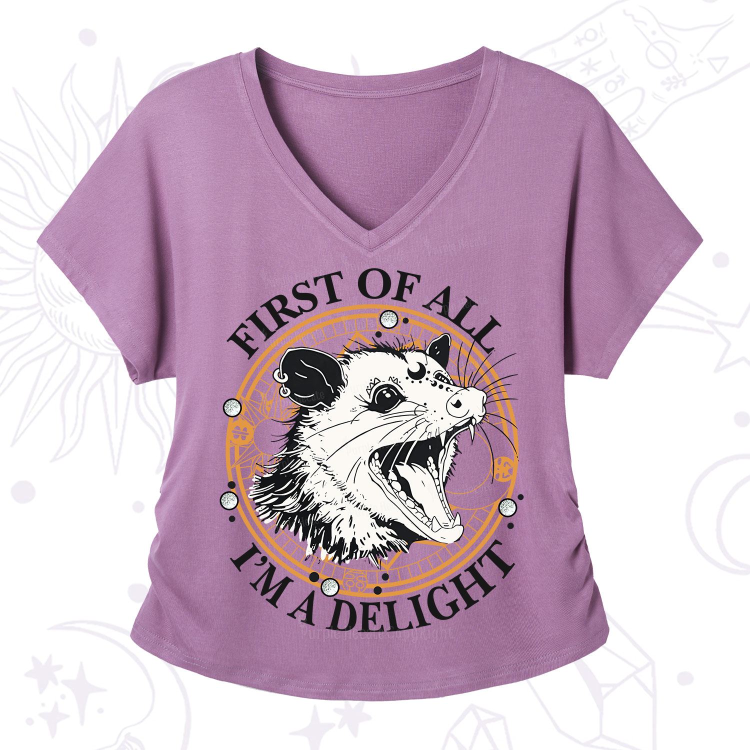 Purplehecate First Of All I Am A Delightful Angry Opossum V-Neck T-Shirt