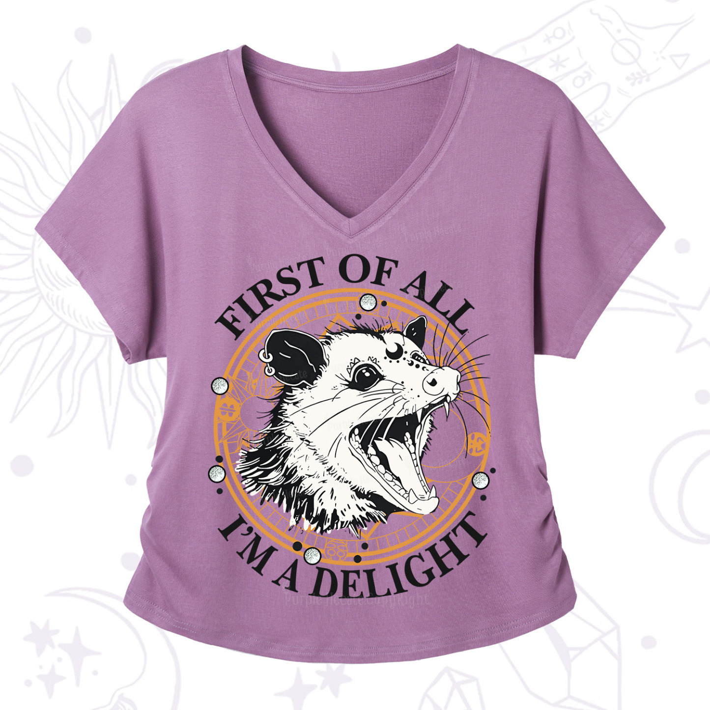 Purplehecate First Of All I Am A Delightful Angry Opossum V-Neck T-Shirt