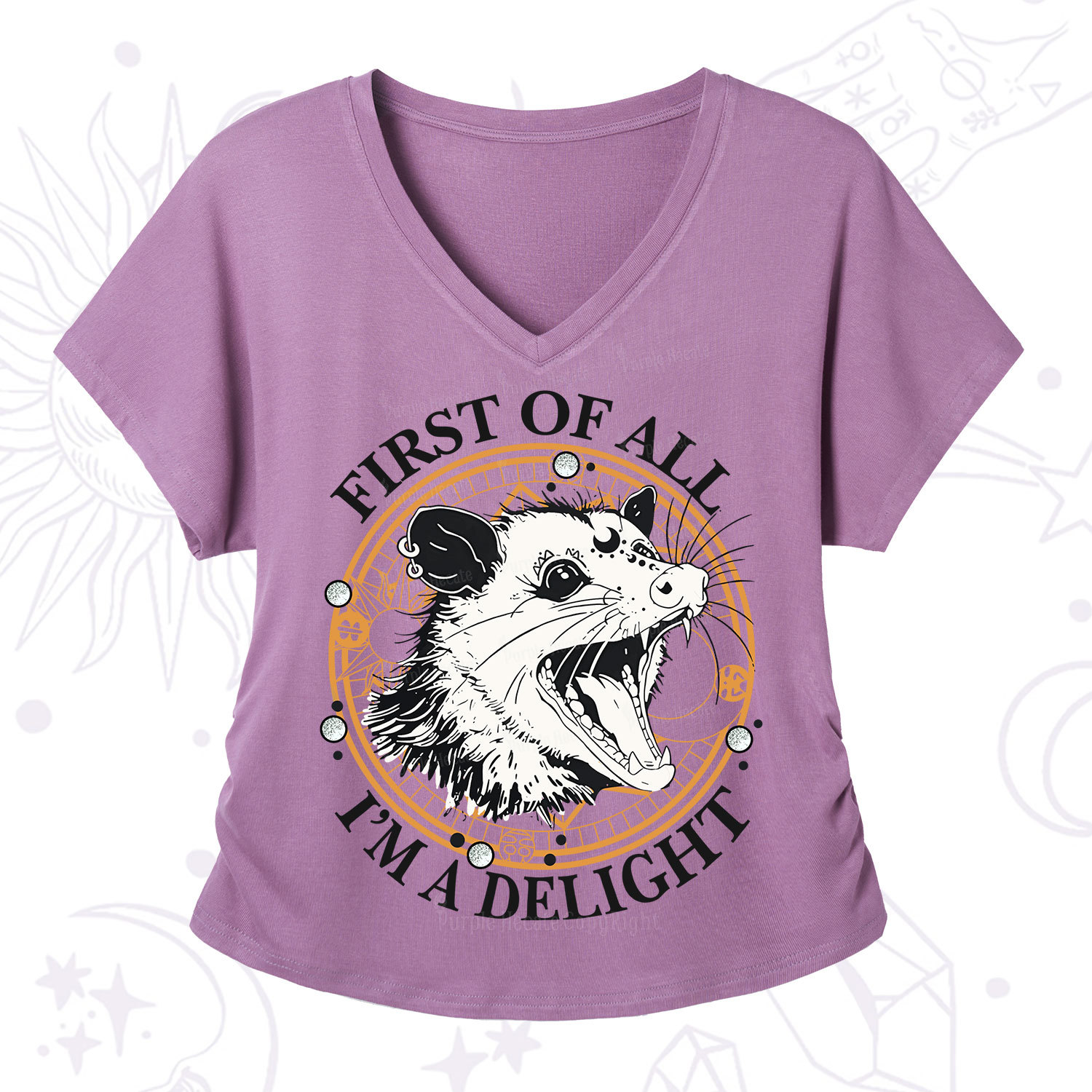 Purplehecate First Of All I Am A Delightful Angry Opossum V-Neck T-Shirt