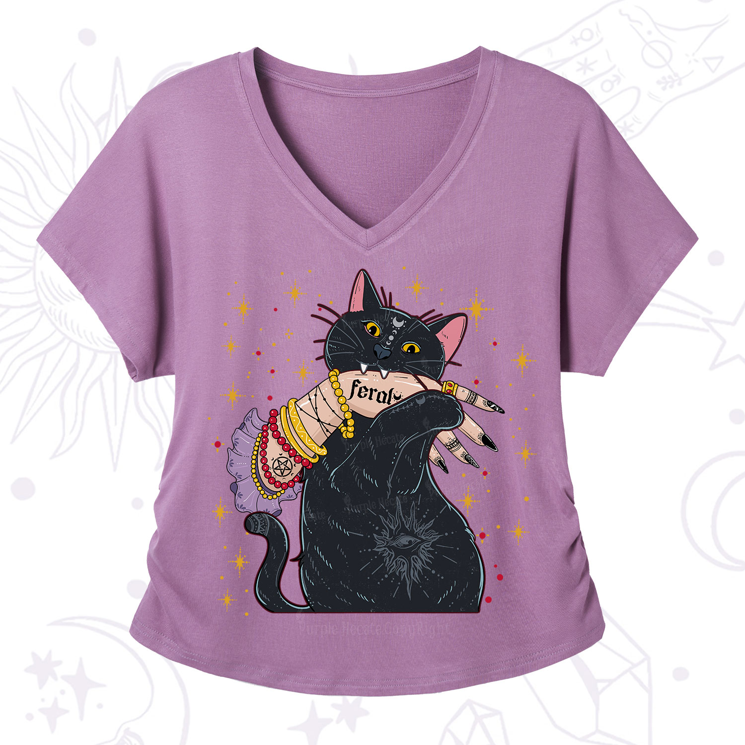 Purplehecate Feral Cat V-Neck T-Shirt