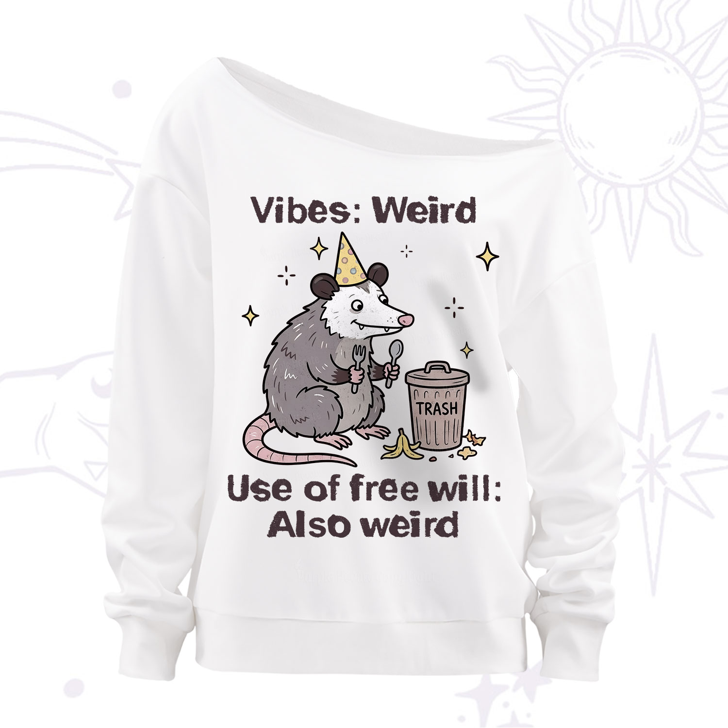 Purplehecate Weird Vibes Only Opossum Off The Shoulder Sweatshirt