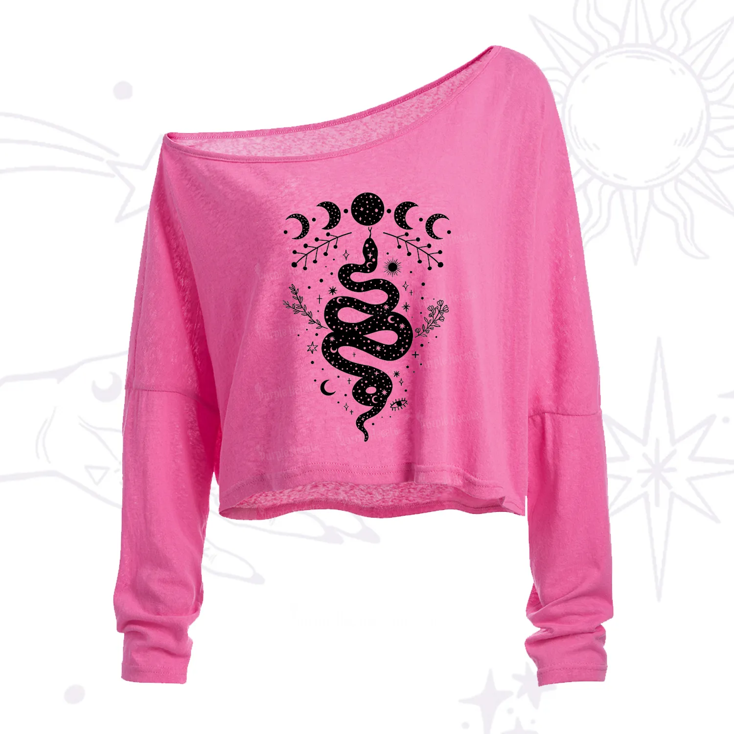 Purplehecate Snake And Moon Phase Comfort One Shoulder Crop Shirt