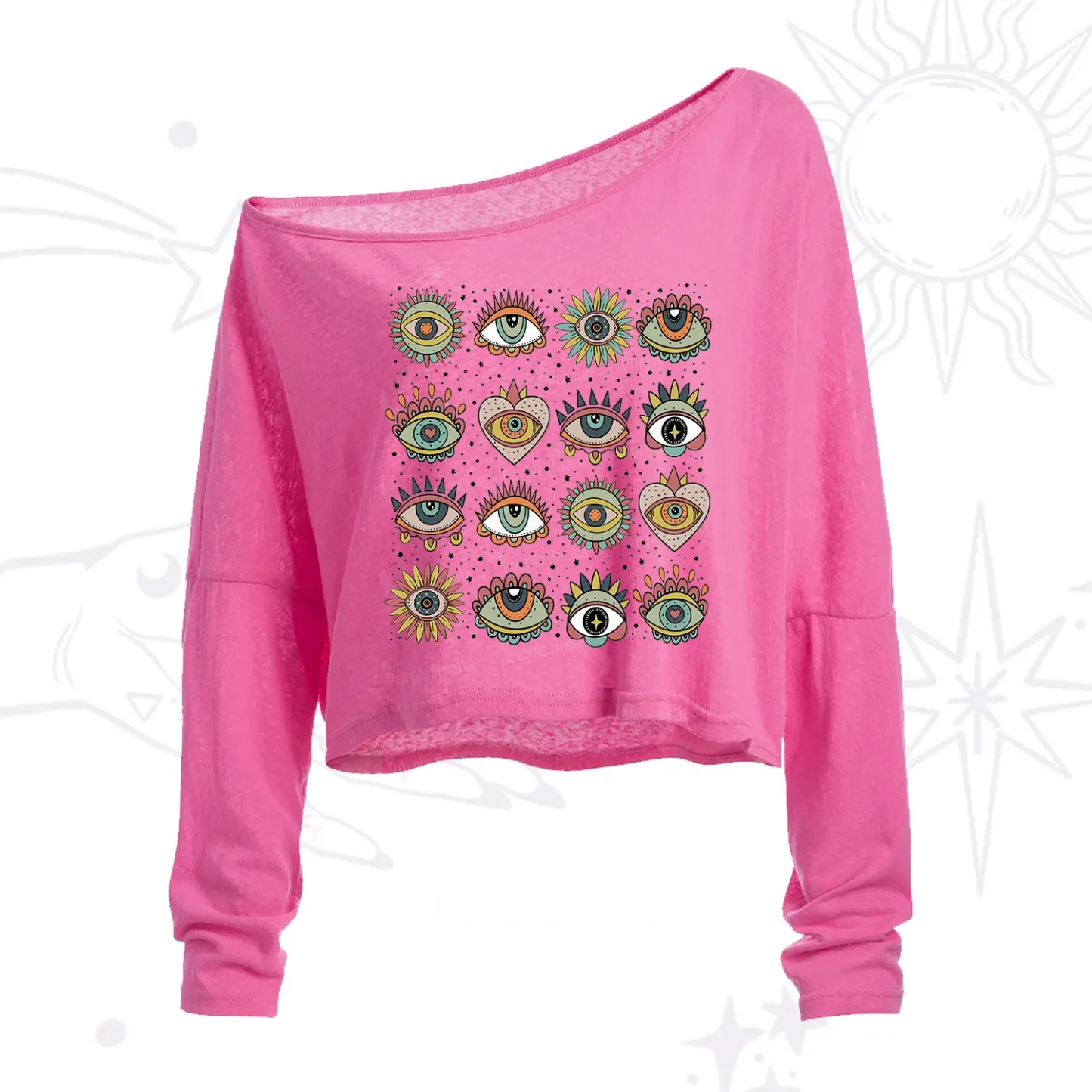 Purplehecate Mystical Evil Eye Pattern One Shoulder Crop Shirt