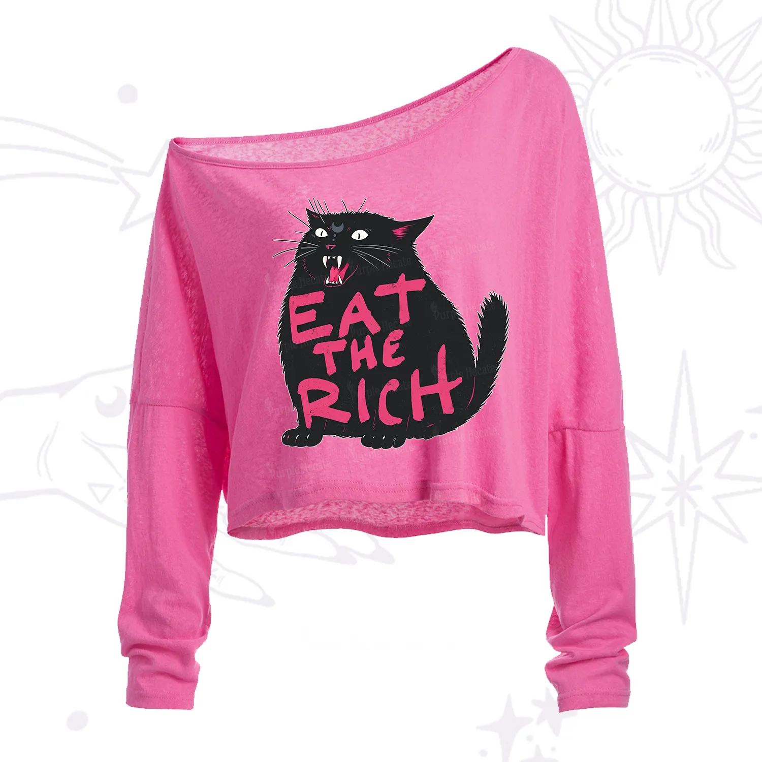 Purplehecate Eat The Rich Cat One Shoulder Crop Shirt