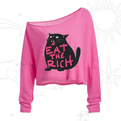 Purplehecate Eat The Rich Cat One Shoulder Crop Shirt