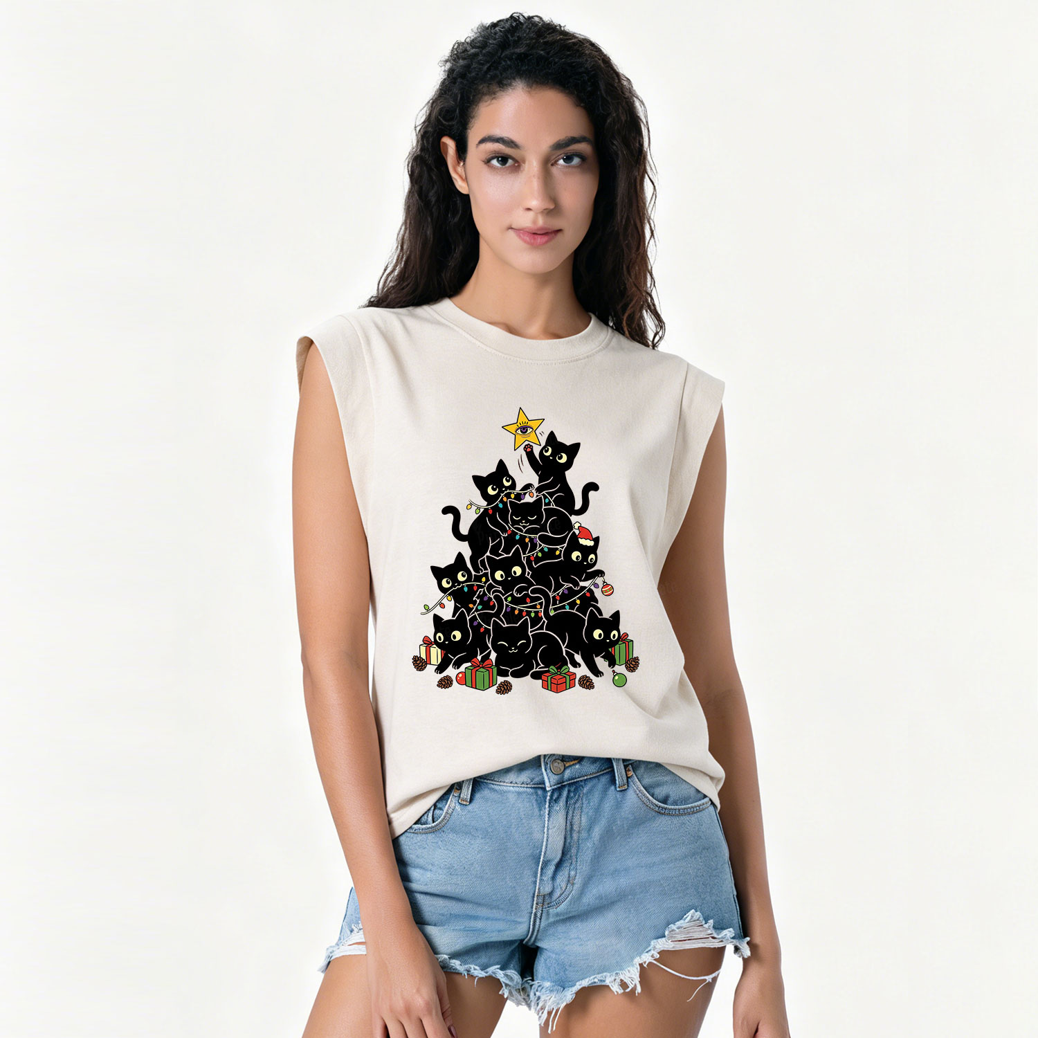 Purplehecate Black Cat Christmas Tree Vintage Washed Tank