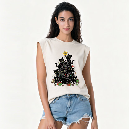 Purplehecate Black Cat Christmas Tree Vintage Washed Tank