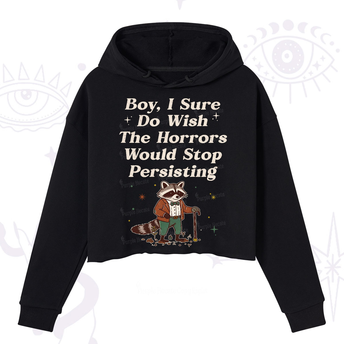 Purplehecate Raccoon Boy I Sure Do Wish The Horrors Would Stop Persisting Crop Hoodie