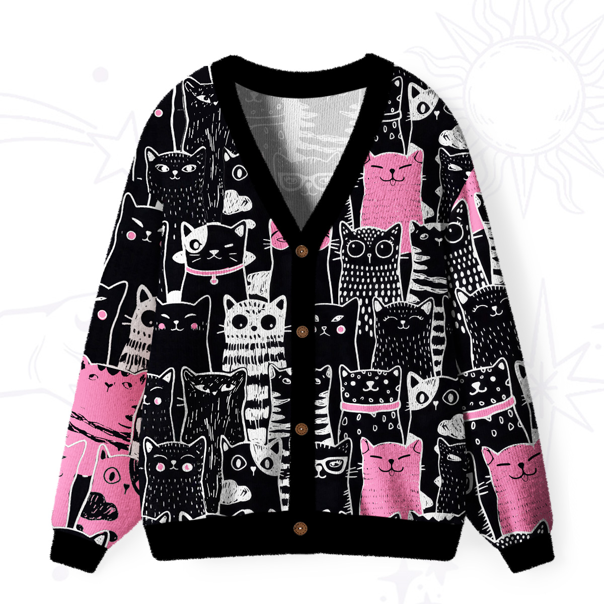 Purplehecate Cute Cat All Over Print Ugly Cardigan Sweaters