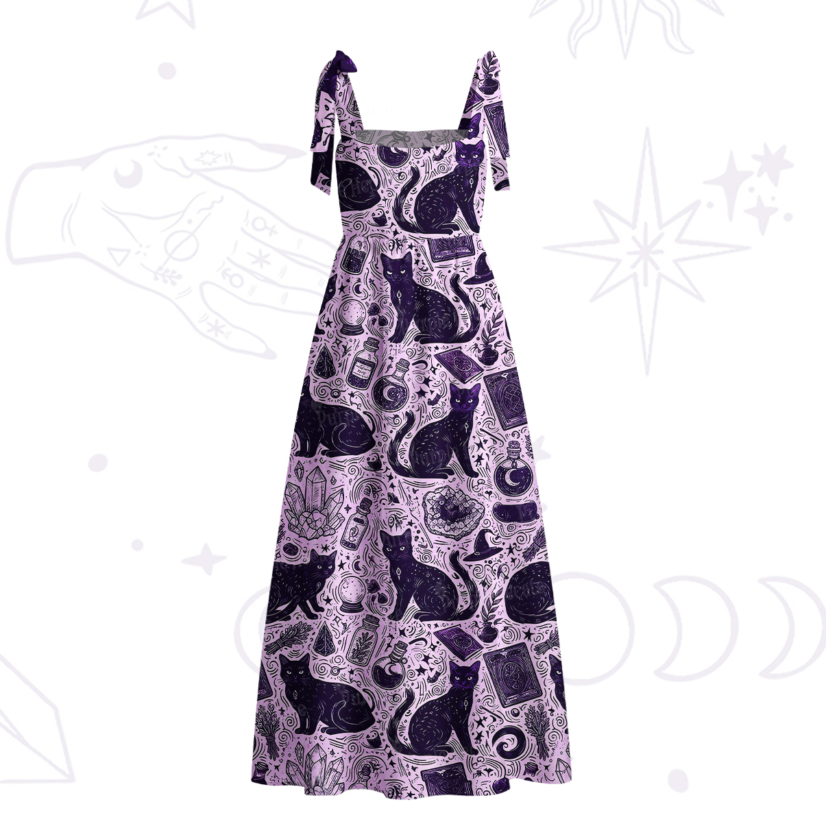 Purplehecate Midnight Black Cat Witch Potion Tie Shoulder Maxi Dress