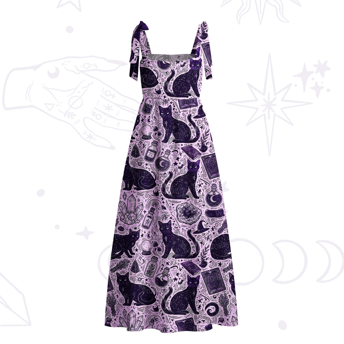 Purplehecate Midnight Black Cat Witch Potion Tie Shoulder Maxi Dress