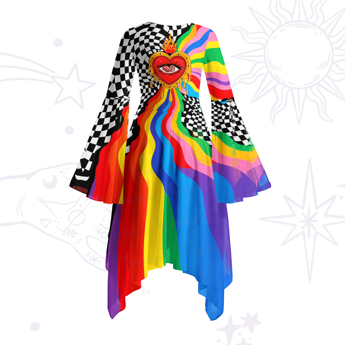 Purplehecate Trippy Rainbow Heart Eye Bell Sleeve Dress