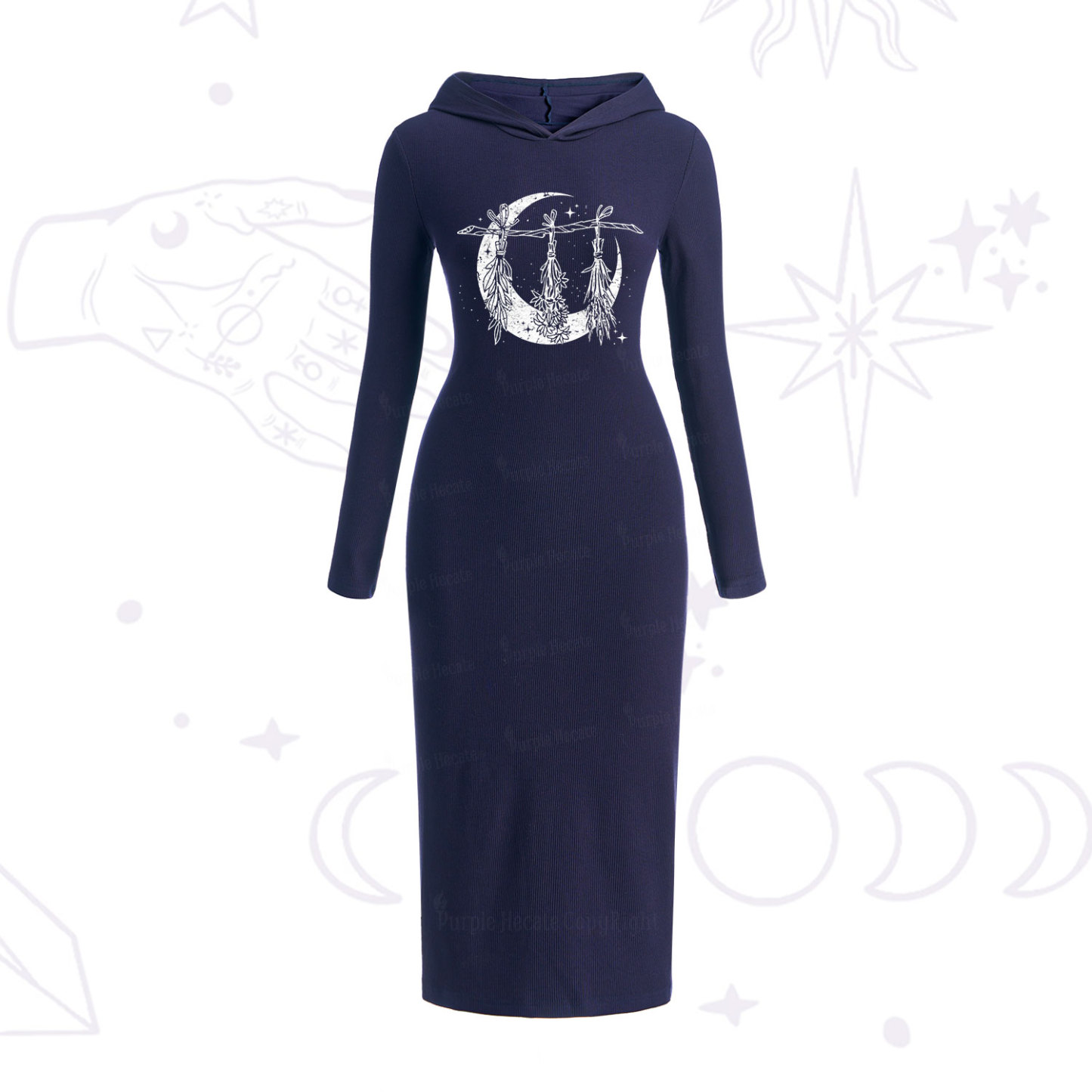 Purplehecate Witchy Moon Herbs Hooded Knit Dress