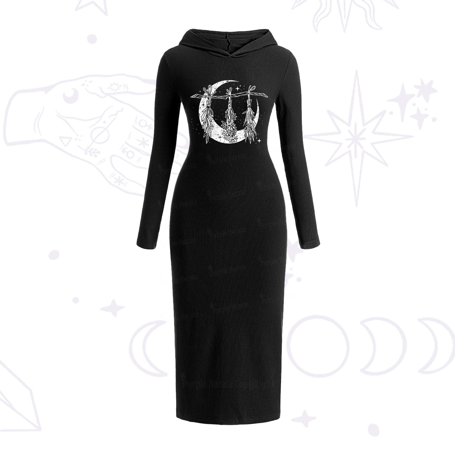Purplehecate Witchy Moon Herbs Hooded Knit Dress